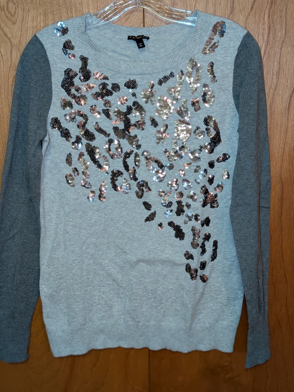 Express Gray Crewneck Sweater with Rose Gold & Black Sequin Leopard Accents